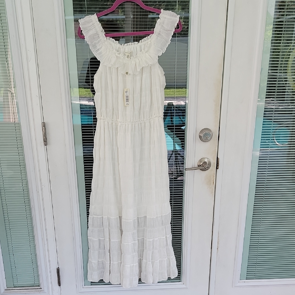 Max Studio White Gauzy Cotton Tiered Midi Dress Sz L Lined
